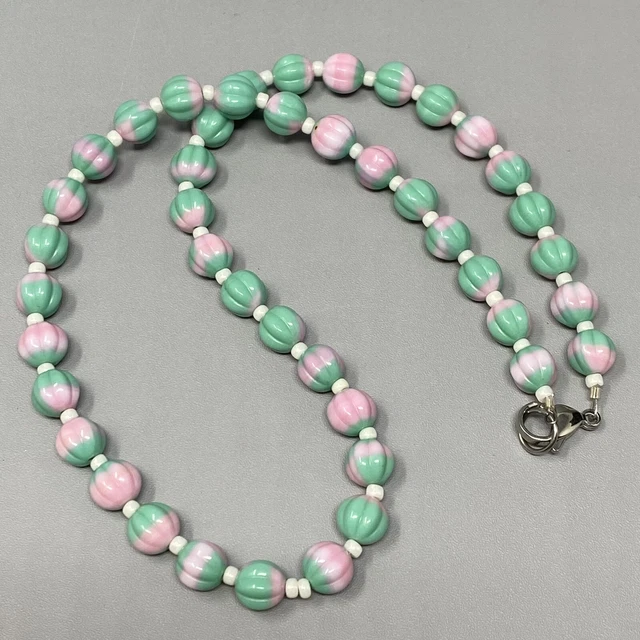 Czech Art Glass Necklace Green Pink Melon Bead Molded Collar Boho Unique 18.5"