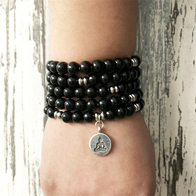 8 mm 108 perles de Bouddha onyx noir bracelet argent bouddhisme homme yoga chanceux 2