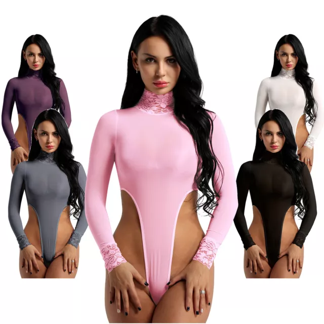 Sexy Women's Mesh Bodysuit Leotard Turtleneck Long Sleeve Jumpsuit Romper Thongs