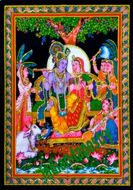 Hindu Radha Krishna Darbar Wall Hanging God Poster Sequin Tapestry Decor Cotton