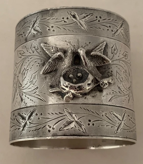 American Aesthetic Movement Sterling Figural Applied Birds Nest Napkin Ring 1865