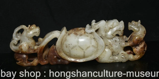 8.8" Old Chinese Hetian Jade Carving Feng Shui Dragon Turtle Pixiu Beast Statue