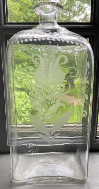 Antique LG BLOWN GLASS CASED GIN BOTTLE w ETCHED FLORAL DECORATION, c Late 1700s