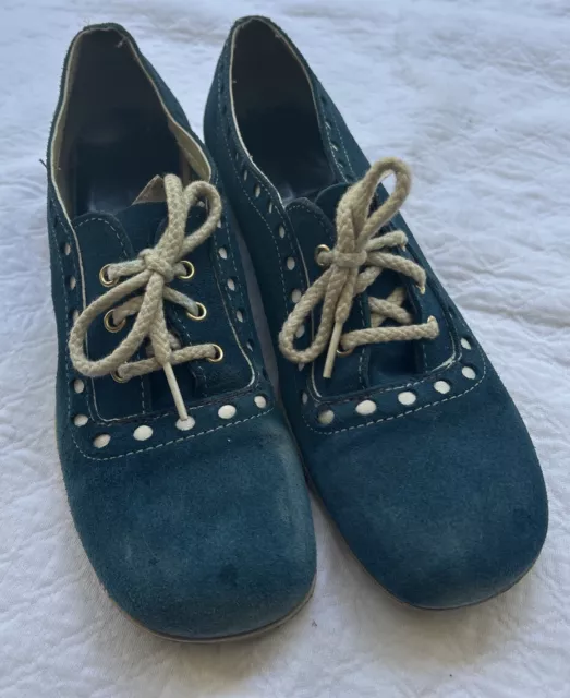 Vintage Blue Aqua Suede Shoes Flat Lace Up Oxfords Rockabilly Bowling 1960s 70s