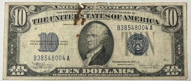 Series 1934 C $10 Dollar Bill Blue Seal Silver Certificate