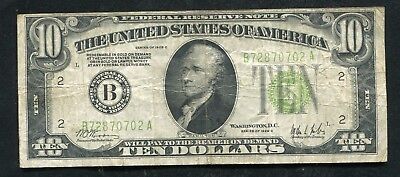 Fr. 2003-B 1928-C $10 Ten Dollars Lgs Light Green Seal Frn New York, Ny Scarce