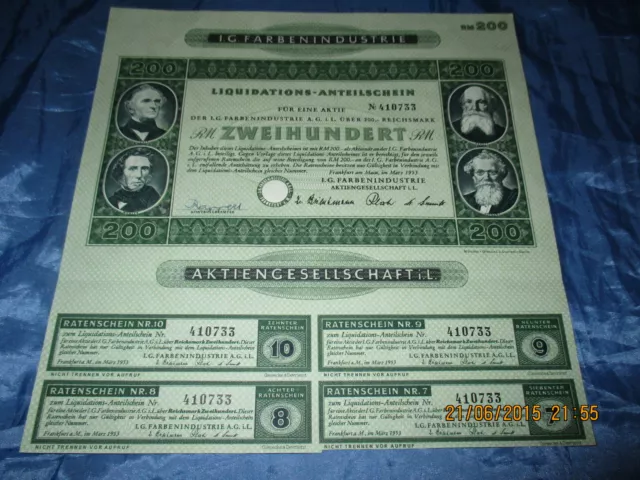 125 : historisch. Wertpapier , I.G. FARBEN , 200 RM ,Frankfurt , März 1953 , 733