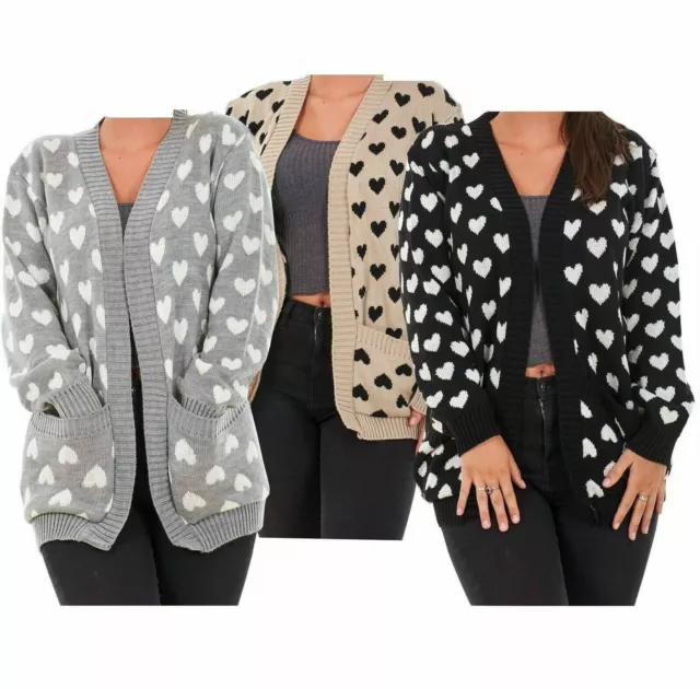 Women Long Sleeve Knitted Multi Heart Cardigan Ladies Open Front Winter Sweater