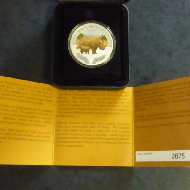 Tuvalu 1$ Black Rhino PROOF 2012 colored silver 99.9% 1oz coin+Box+CoA (argent)