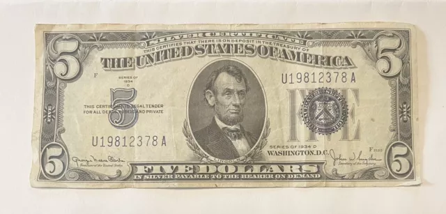 1934 D $5 Dollar Bill SILVER CERTIFICATE BLUE SEAL Note U19812378A