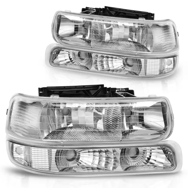 Chrome Headlights + Bumper Lamps For 99-02 Chevy Silverado 00-06 Suburban Tahoe