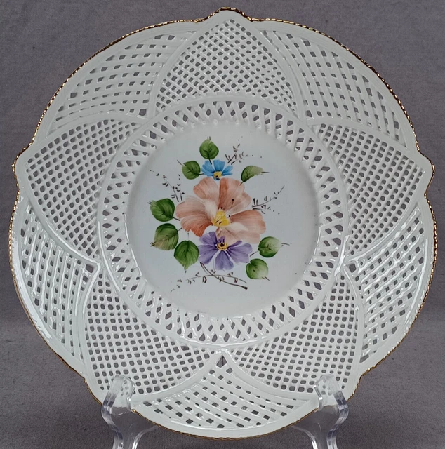 Vintage Cemarom Cluj-Napoca Romania Hand Painted Floral & Gold Reticulated Bowl