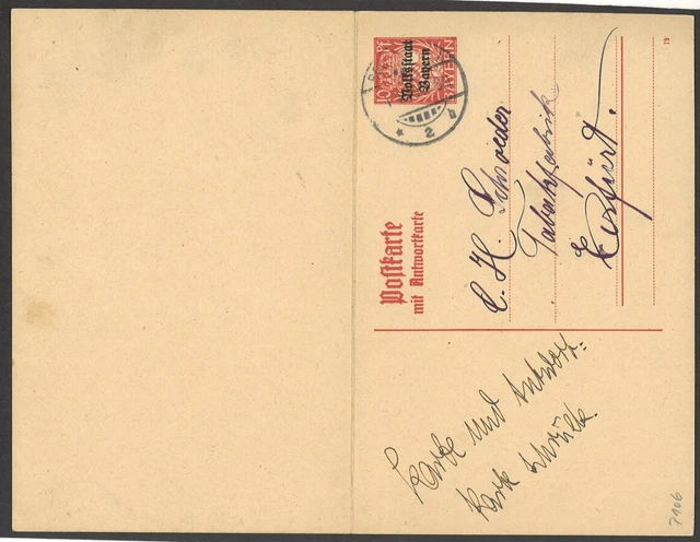 Altdeutschland Bayern 1919 Postkarte P 106 (F+A) ab Regensburg nach Erfurt