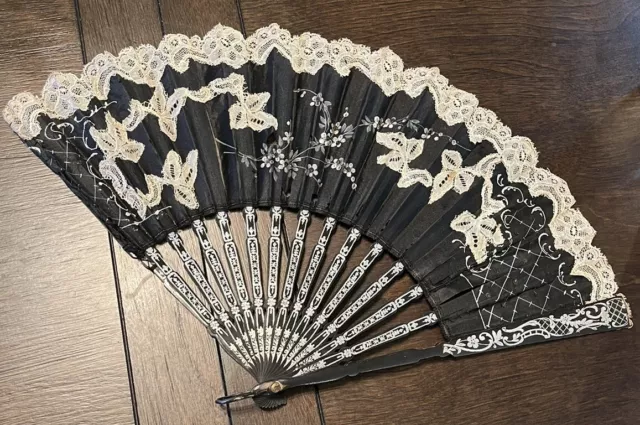 Vintage White And Black Hand Stitched Fabric Hand Fan