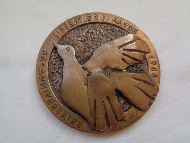 Médaillon Ancien En Bronze Ville Du Havre 1999 - Navire Militaire Paquebot - Diamètre 9cm
