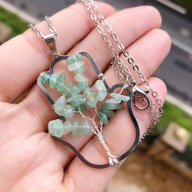 Aventurine Tree Of Life Stone Palm Necklace Healing Reiki Amulet
