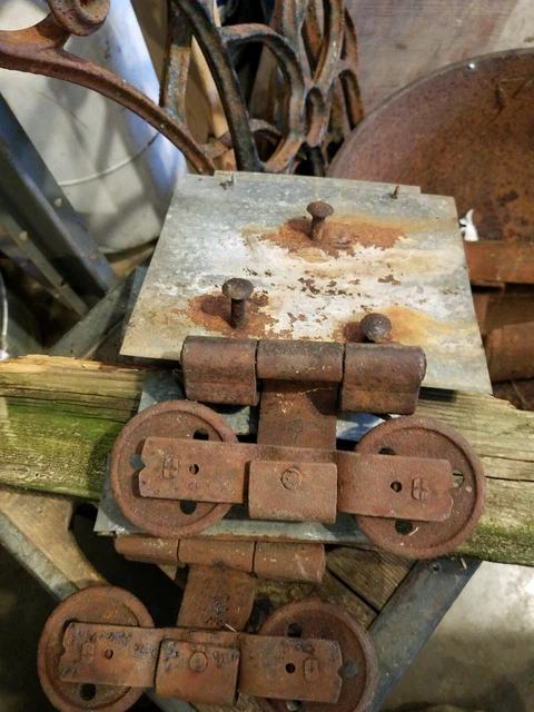 antique Primitive Original barn door rollers hangers
