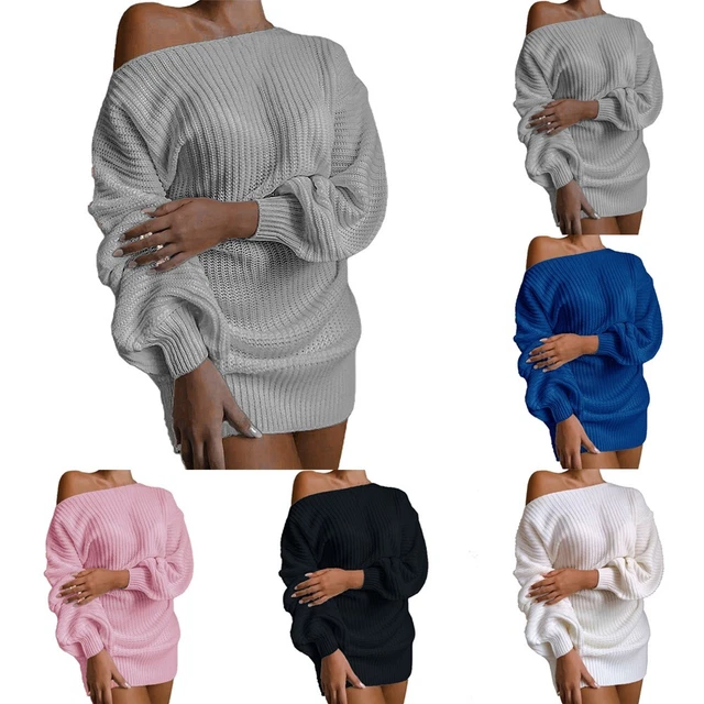 Donna Casual Sciolto Spalla Maglione Maglia Top Vestito Pullover Maglia Lunga