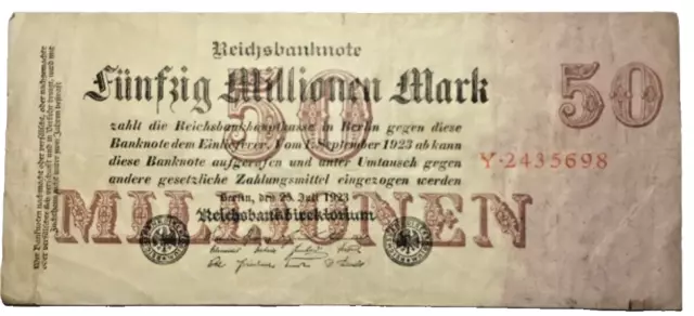 Deutsches Reich 50 Millionen Mark 1923  Papiergeld Banknoten Geldschein echt