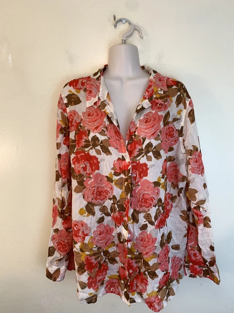 Old Navy Women's Sheer Floral White Pink Brown Roses Long Sleeve Blouse Size L