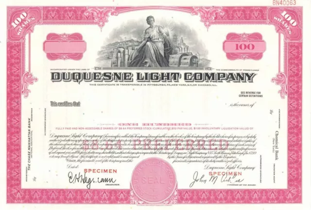 Duquesne Light Co. - Specimen Stock Certificate - General Stocks