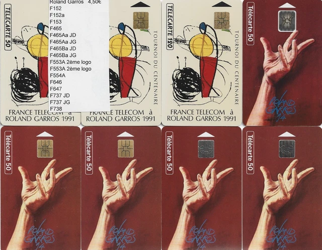 Lot 8 cartes téléphonique Telecarte Roland Garros Tennis 1994 1995 1996