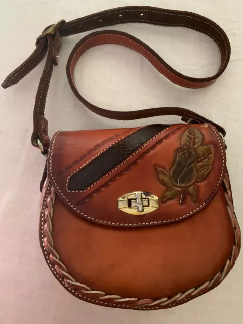 Vintage Genuine Leather Shoulder Bag Purse Embossed Hand Tooled  Hippie Boho