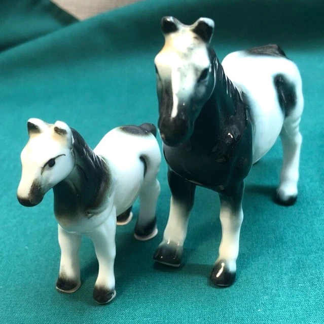 BEAUTIFUL Vintage  Porcelain HORSE Figurines- Black and White-Mare and Colt