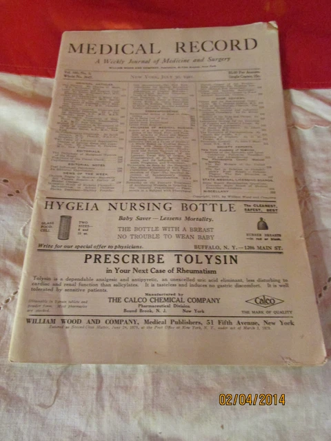 1921 Medical Record A Weekly Journal Of Medicine & Surgery William Wood No 2647