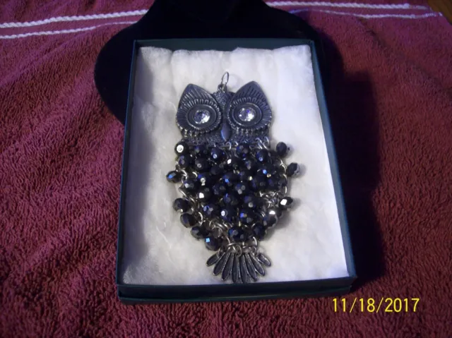 Owl Pendant Vintage Smoked Black Hanging Beads Large With Rhinestone Eyes