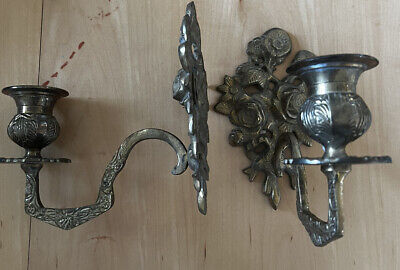 Vintage Pair Brass Single Arm Wall Sconces Roses Flowers Ornate Heavy Pretty!
