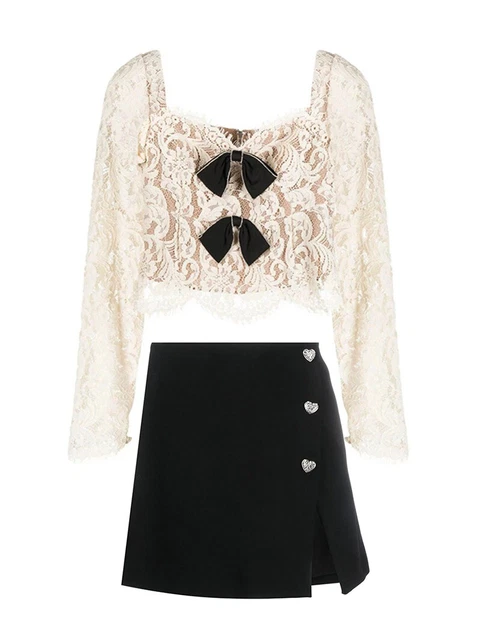 Self-Portrait Women Lace Outfits Long Sleeve Blouse Top / Bodycon Mini Skirt
