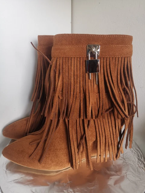 Bottines à Talons Compensés Marron Avec Franges - Taille 36, Daim, Très Bon état