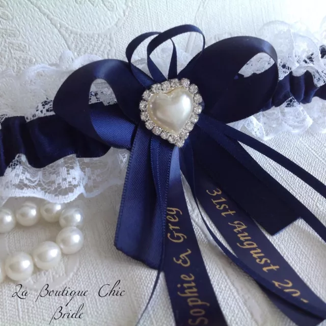 XS-4XL Personalised Wedding Garter Bridal Navy & White, Lace & Satin Pearl Bride