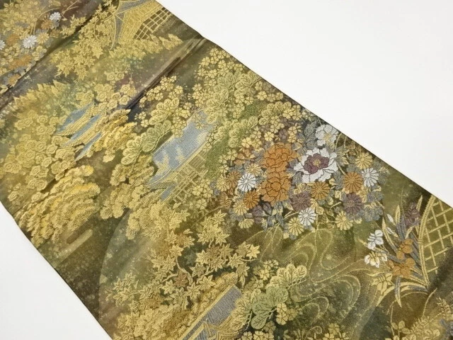 5623721: Japanese Kimono / Vintage Fukuro Obi / Woven Temple & Pine With Autumn