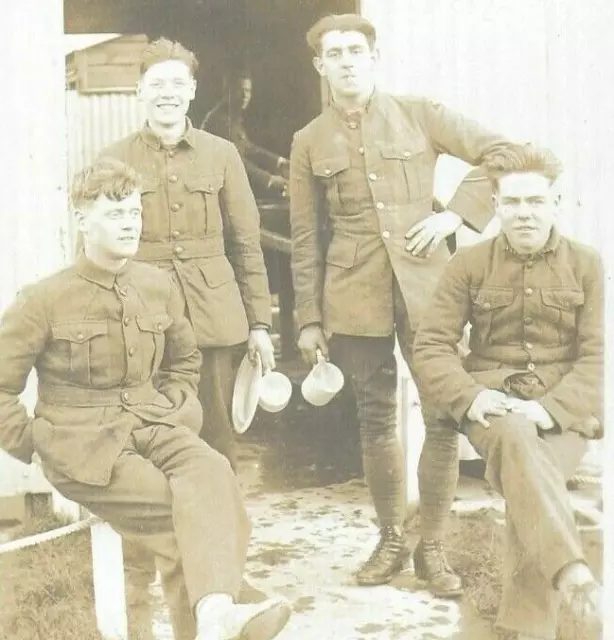 WW1 Photo Postcard Group Handsome British Soldiers Barracks Cups Plates