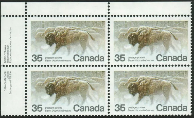 Canada sc#884 Endangered Wildlife: Wood Bison, UL Imprint Block, Mint-NH