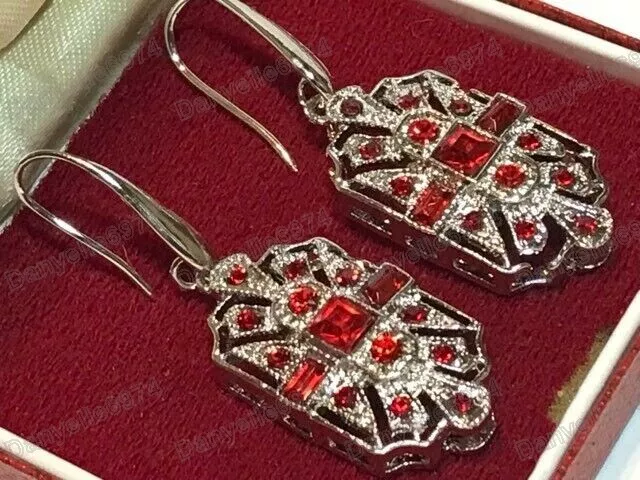 Beautiful Art Deco Vintage Style Baguette Red Crystal Drop Earrings Silver Plt