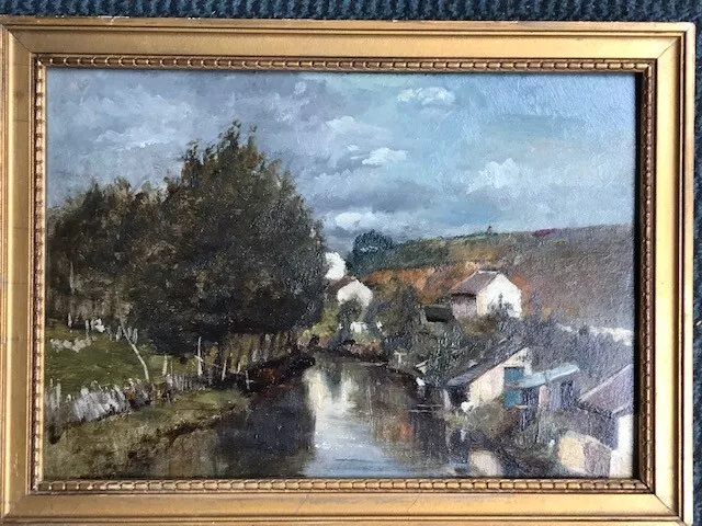 Tableau impressionniste  - HSB - Maisons au bord de la Rivière - non signé