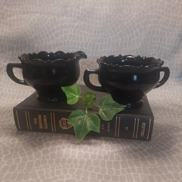 L.E. Smith Mt. Pleasant Creamer & Sugar Bowl  Black Amethyst ~ Depression Glass