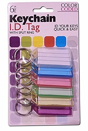 Key Chain ID Tag with Split Ring Color Coded 6 Pack Clear with Name Plate Label