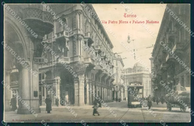 Turin City Via Pietro Micca Tram Palazzo Madama postcard MZ7551