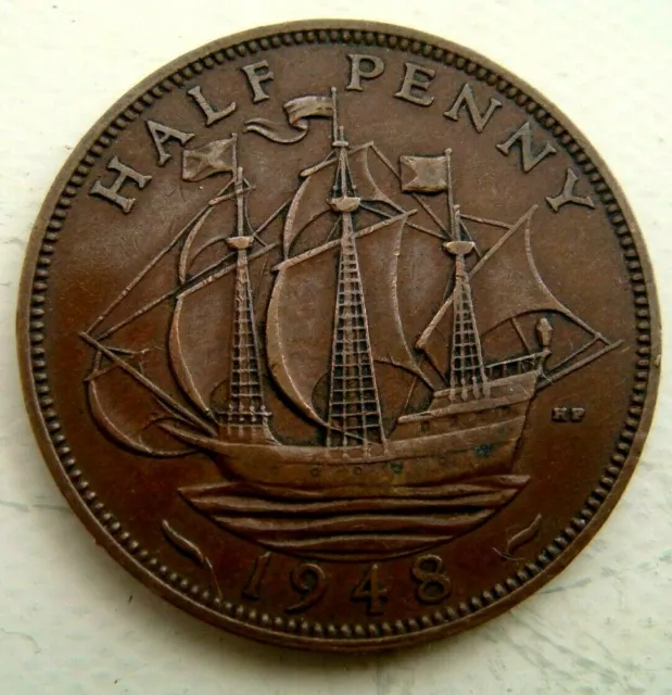 1948 King George VI  Golden Hind sailing ship Half Penny Fine Grade