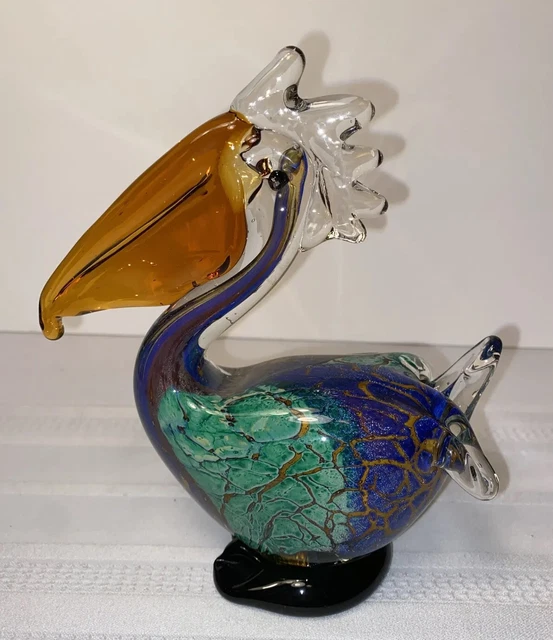 Vintage Multi Color Hand Blown Murano Art Glass Bird Pelican 7"