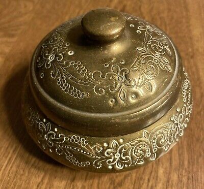 Antique Middle Eastern Fancy Ornate Brass Dish Container w/ Lid Arabic Old C5