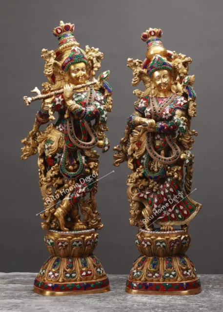 Radha Krishna Brass Statue with Mosaic Stonework, 75 cm Big Large Radhe Gopal