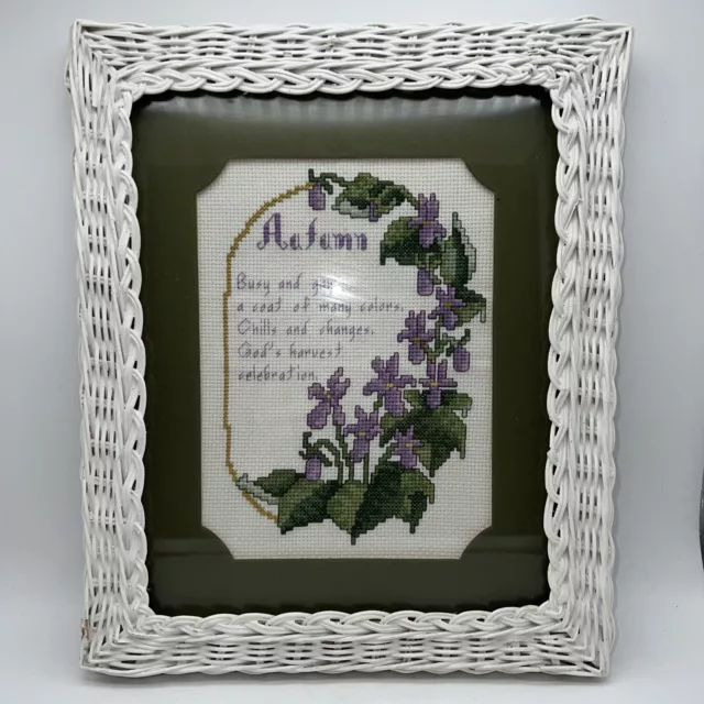 Vtg White Wicker Framed Matted Cross Stitch with Autumn Poem Purple Flowers