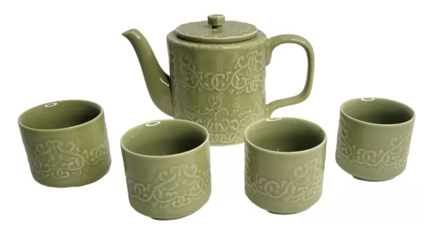 Teavana Fine Porcelain China Rohan Teapot Set Green 18oz 4 Cups