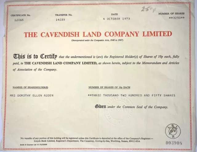 The Cavendish Land Co Ltd Share / Stock Certificate 1973 12065 (W1)
