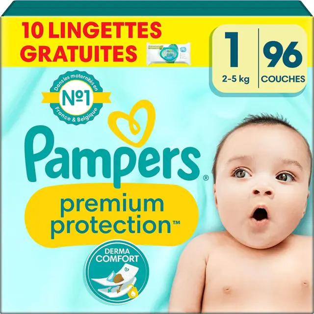 Pampers Couches Premium Protection Taille 1 (2-5 Kg), Pack Duo (96 Couches Bébé